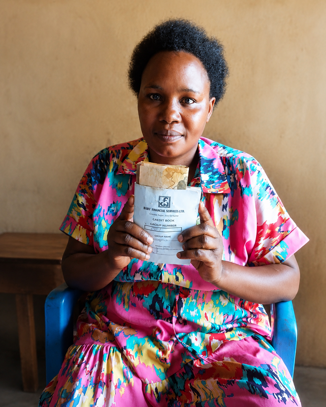 Woman holding loan disbursement book during a Fourfront field moment